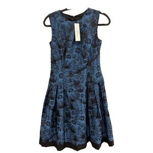CARMEN MARC VALVO $348 Floral Jacquard Sheen Pleated A-Line Dress Sz 4 Midnight